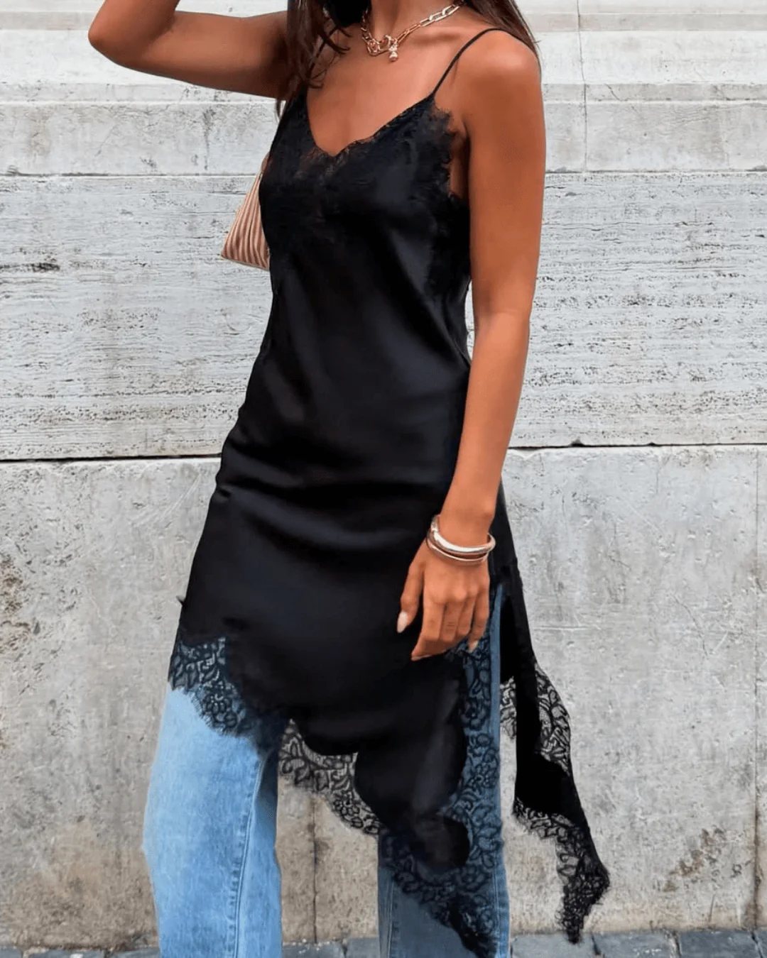 Arah Asymmetric Satin Lace Midi Dress - Image 10