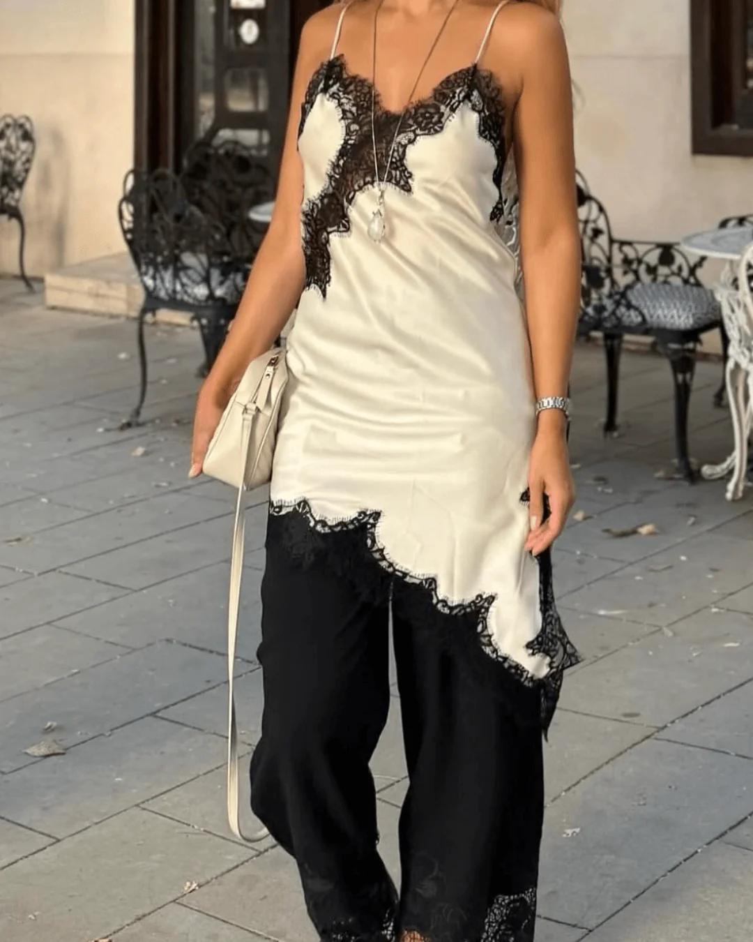 Arah Asymmetric Satin Lace Midi Dress - Image 13