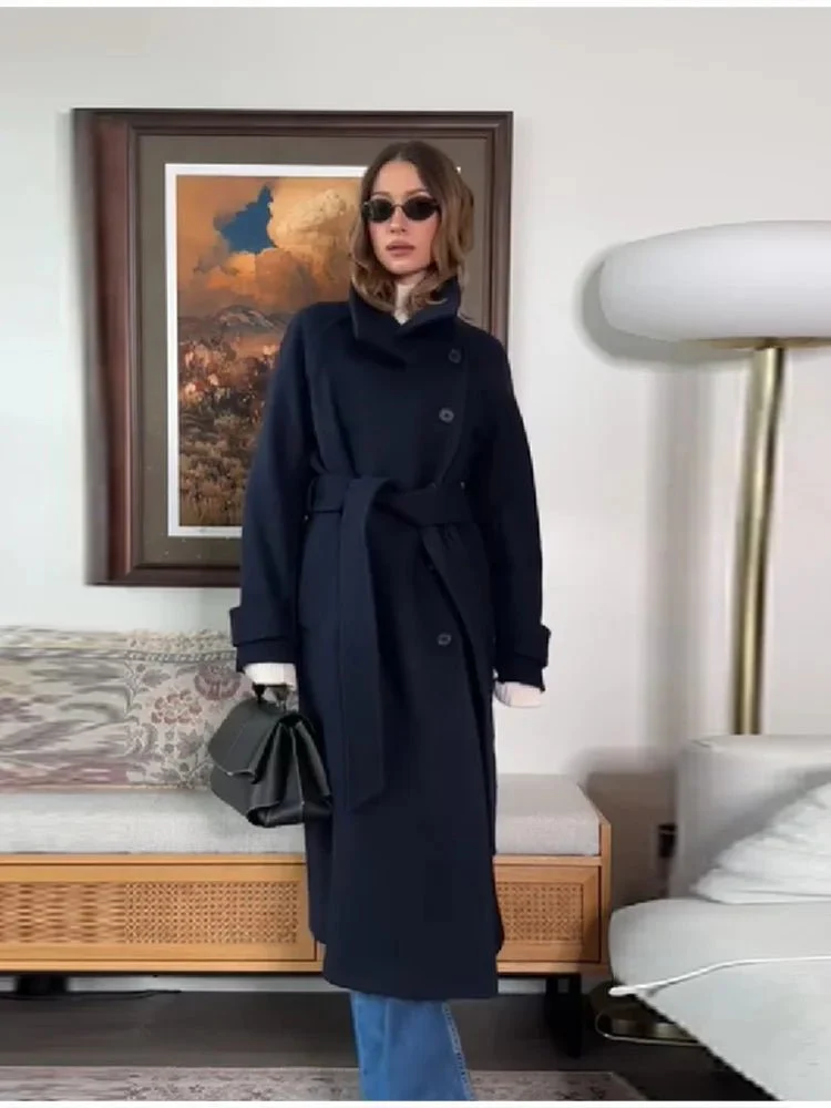 Claudine Long Belted High Collar Coat - Image 6