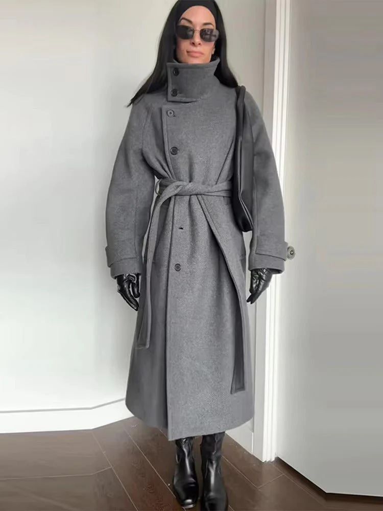 Claudine Long Belted High Collar Coat - Image 8