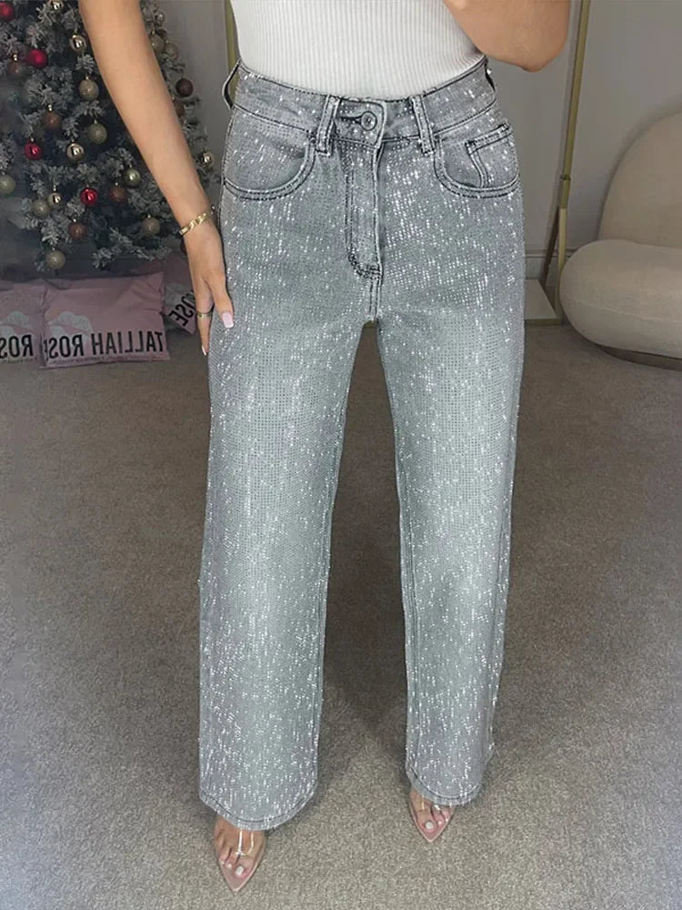 Eliana Wide Leg Denim Pants with Rhinestones - Image 3